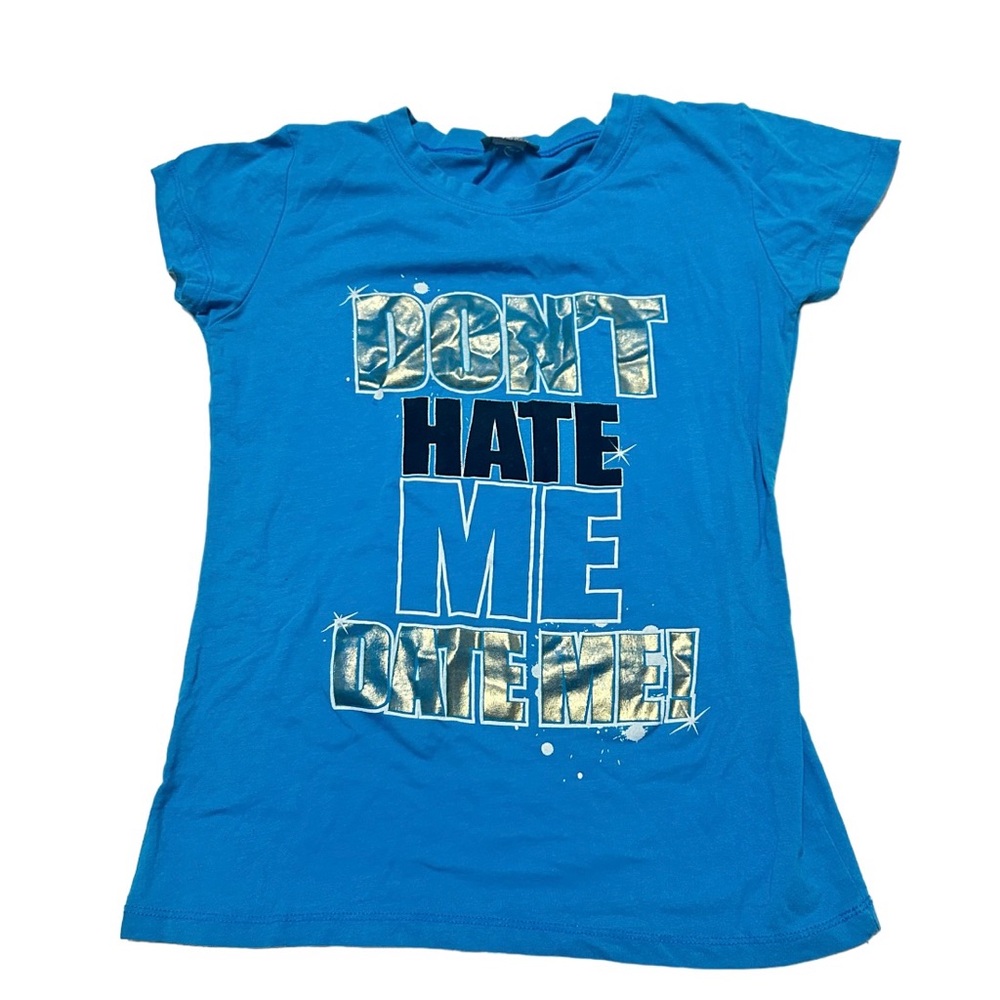 Y2K Slogan Don’t Hate Me Date Me Blue Baby Tee Shirt Size M L